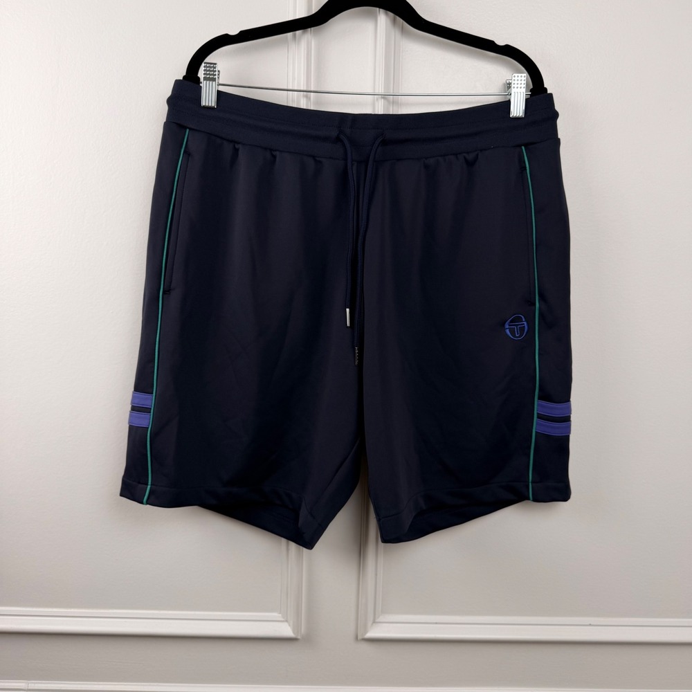 Sergio Tacchini Mens Navy Blue Track Shorts Teal Purple Stripe Athletic XL